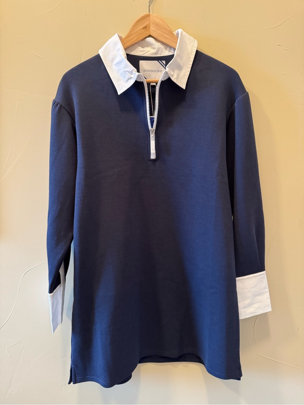 Addison Bay Women’s Navy and White Zip-Front Long Sleeve Rugby Polo Dress Size M